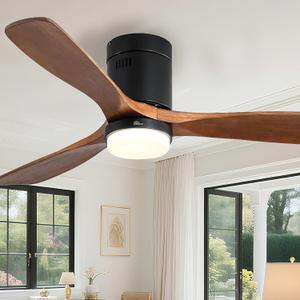 Sofucor Ceiling Fan with Lights 52 Inch Flush Mount Ceiling Fan with Remote Control, Wood Blades Modern Outdoor Ceiling Fans for Bedroom/Farmhouse/Patio/Indoor, Quiet DC Motor (Brown+black)