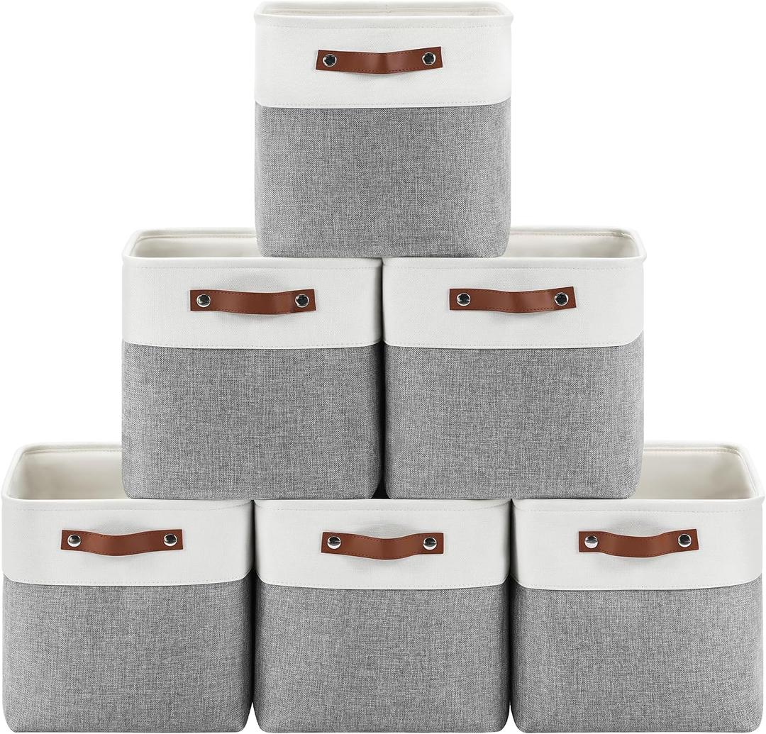 6-Pack Foldable Fabric Storage Cubes 11x11 Inch, Sturdy Cube Organizer Bins with Leather Handles, Storage Baskets for Closet Shelves and Home Organization(White/Gray)