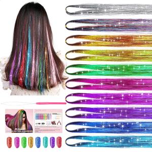Mckanti 10 Colors Hair Tinsel Kit with Tool, 47 inch 2000 Strands Tinsel Hair Extensions for Women Girls, Fairy Hair Tinsel Glitter Sparkling Shiny Colorful Synthetic Hair for Party Daily Life Fashion