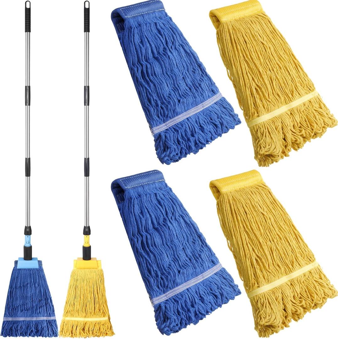 Gejoy 2 Sets Looped End Commercial Mop Heavy Duty Industrial Mop with 4 Mop Replacement Heads, Stainless Steel Pole, Iron Clamp Cotton Mops for Floor Cleaning, Dust, Wood Floor, Kitchen, Blue, Yellow