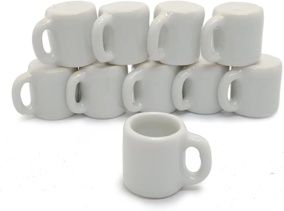 ChangThai Design Very Tiny  Inch High White Ceramic Coffee Tea Mug 10 Pieces Set - Miniature Tableware Cup Tray Bowl Crockery Cutlery Kitchenware Handmade Mini Porcelain Decorative Collectible Gifts