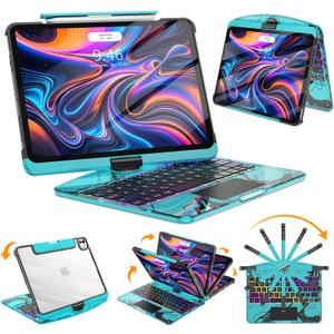 SIBEITU 360 Rotatable Wireless Keyboard Case for iPad Pro 13 Inch (M5 2025 / M4 2024), Multi-Touch Trackpad, 7-Color Backlight & 3-Brightness Levels, Clear Protective Cover with Pencil Holder, Blue