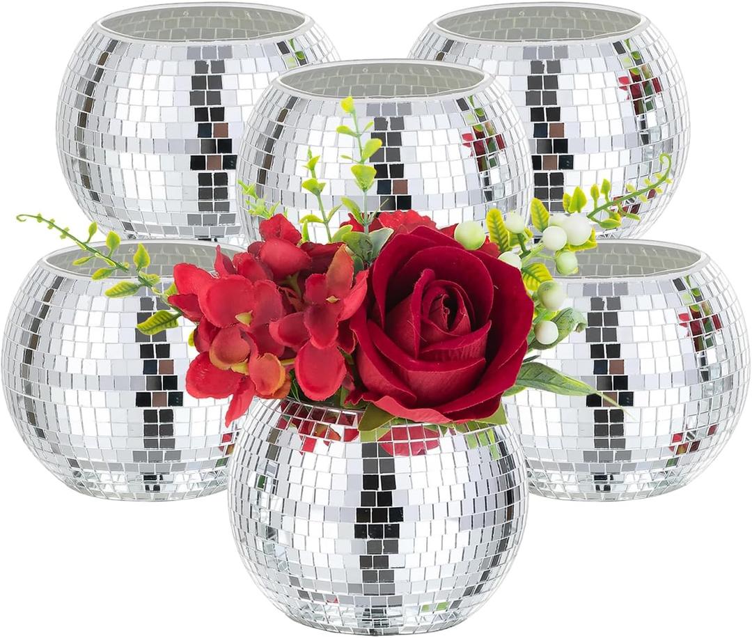 Disco Ball Vases for Table Centerpieces - Hewory 6pcs Silver Mirror Glass Planters Flower Pot Containers, Bulk Disco Balls Bowl Candle Holders for Wedding Bridal Shower Birthday Events Party Decor