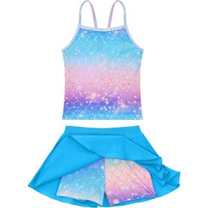 Girls Swimsuit Two Pieces Bathing Suit Multicolor Sleeveless Rash Guard Sets for Kids Child (8-9 Years, Pink Purple Blue)