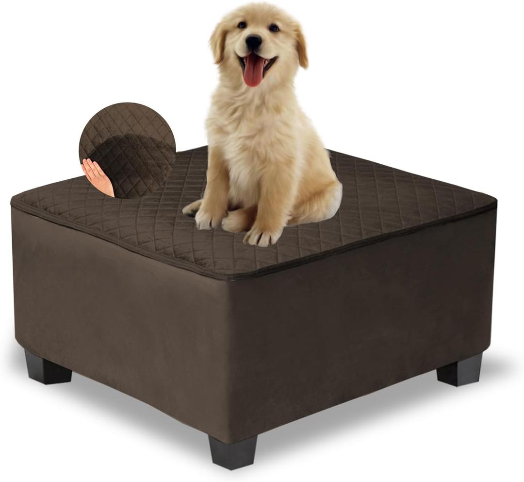 NeColorLife Waterproof Ottoman Cover, Thick Stretch Velvet Slipcover for Square Footstool, Non-Slip Durable Washable Protector for Pets and Dogs, Coffee, X-Large