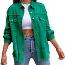 Perbai Womens Oversized Ripped Denim Jacket Frayed Hem Button Front Boyfriend Jean Coat Western Shacket with Pockets (Medium, Green)