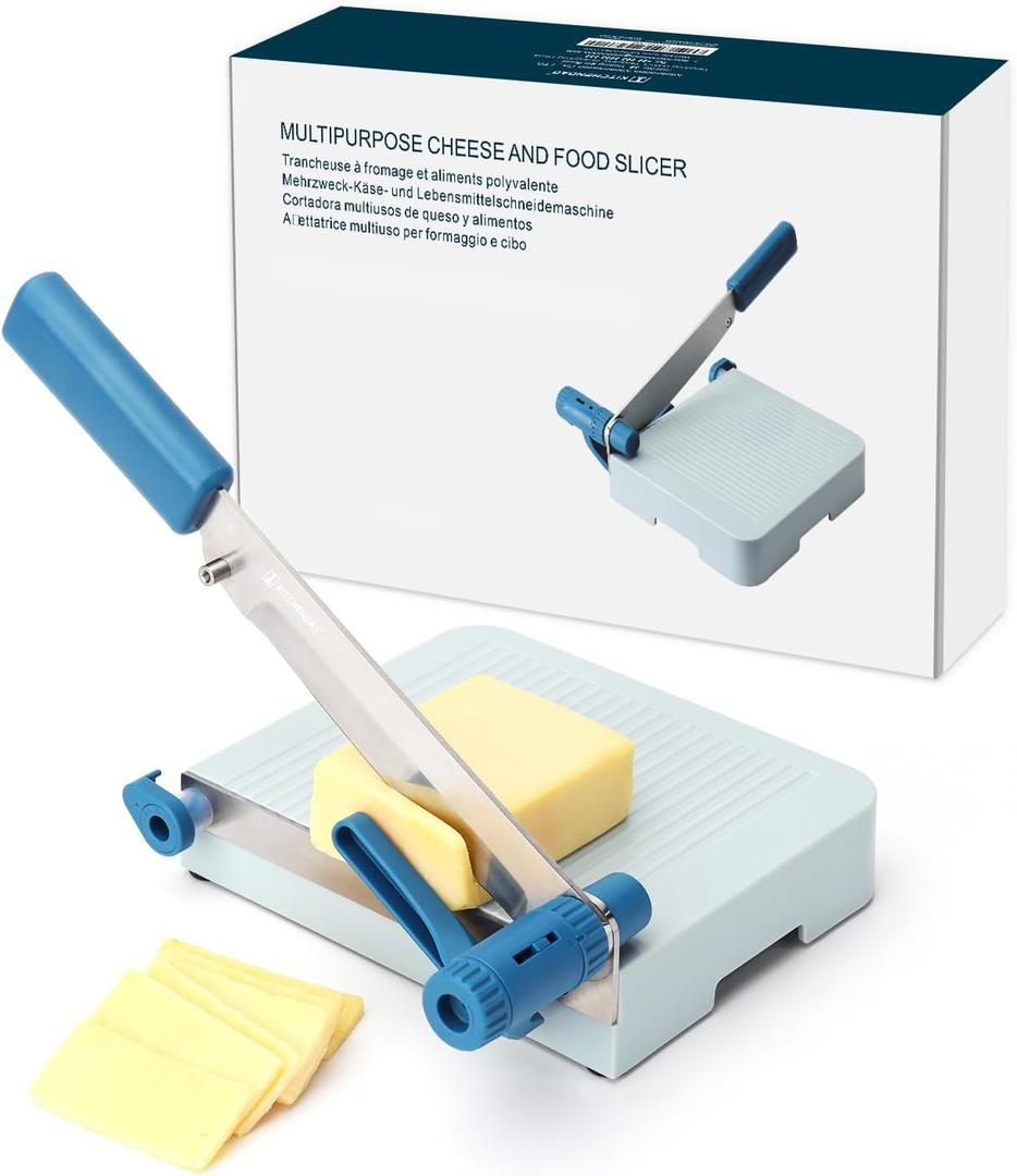 KITCHENDAO Multipurpose Cheese Slicer Cutter with Board for Arthritic and Weak Hands, Adjustable Thickness Dial for Block Cheese, Effortless Slicing, Guillotine Sausage Ham Biltong Jerky Slicer (Blue)