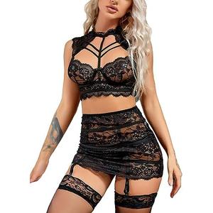 Ladies & Men's story Women Underwire 3 Piece Sexy Lingerie Collared Stretch Bustier & Garter Skirt Strappy Lace Bra Panty Set Size S