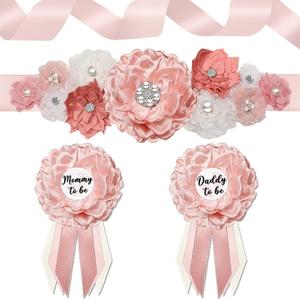 Baby Shower Maternity Sash Belly Belt, Pink Mom to Be Sash Daddy to Be Corsage Pin Baby Shower Decorations for Girl, Pregnancy Photo Props Supplies,Gender Reveal Decorations