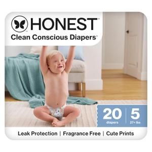 The Honest Company Comfort Dry Disposable Diapers for Sensitive Skin, Hypoallergenic, Fragrance-Free, It's a Pawty, Polybag Size 5 (27 lbs), 20 Count