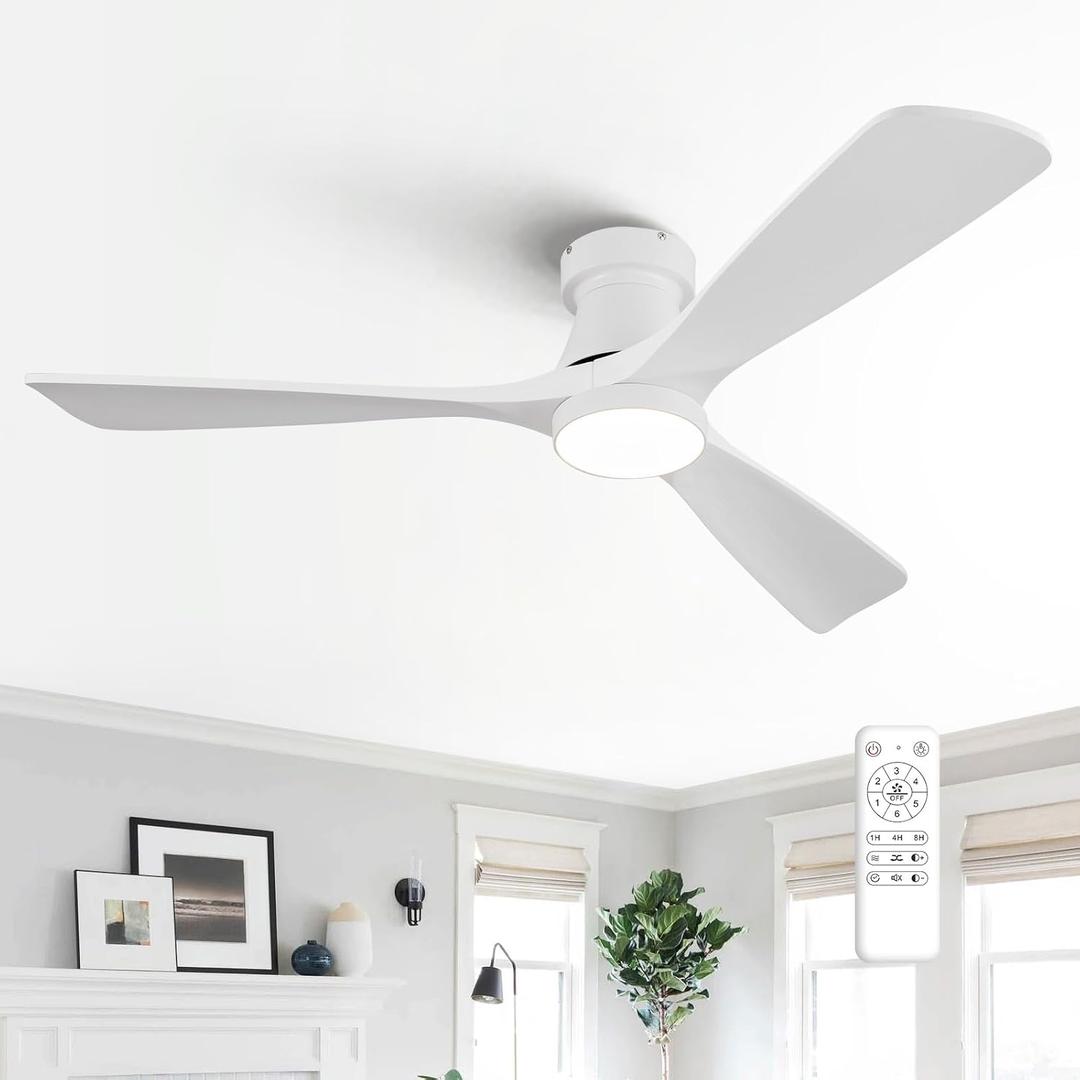 52-Inch White Ceiling Fan with Lights, Remote Control, Flush Mount, Dimmable, Reversible, Wood Blades, Power-Off Memory, Quiet DC Motor – Modern Hugger Ceiling Fan for Indoor Outdoor