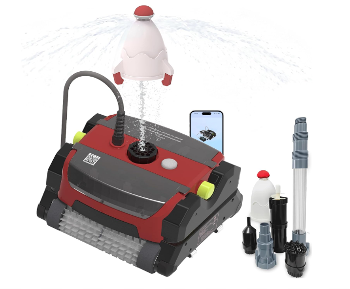 Robotic Pool Vacuum Cleaner, Wall-Climbing, 56ft Cord, Red 360° Kink-Free patented tech, 150W strong suction, top large filter, built-in underwater fountain & rocket toy launcher, Red