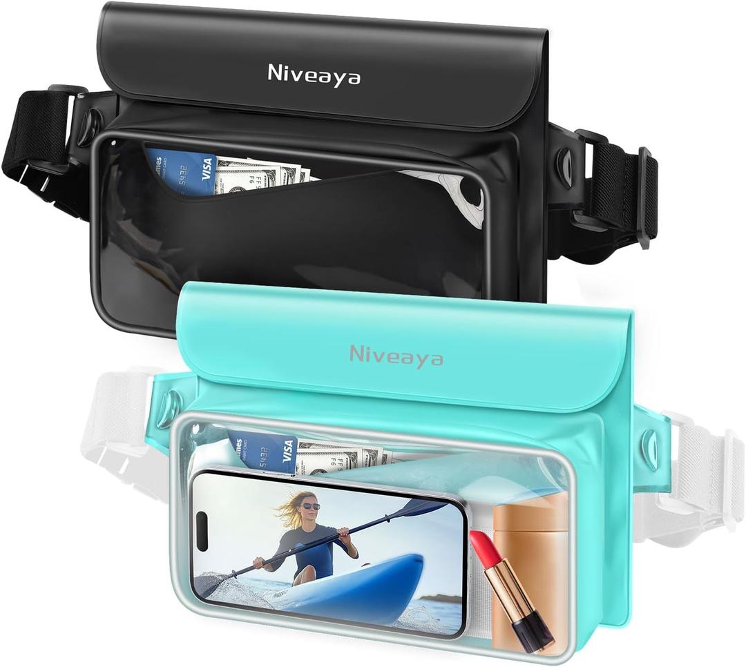 Niveaya IP68 Waterproof Fanny Pack - 2 Pack, Floating Dry Bag Pouch, Phone Waterproof Waist Pouch Dry Bag, Beach, Kayaking, Swimming, Boat Essentials, for iPhone 16/15/14/13/12 Pro Max up to 9.5" (Black&Green)