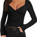 REORIA Women's Sexy V Neck Long Sleeve Slim Fitted Side Ruched Trendy Y2K Going Out T Shirt Crop Top S