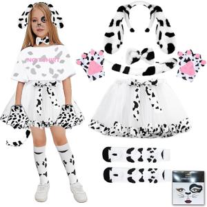 Dalmatian Costume Girls, 101 Days of School Dog Costume Set Kids Tutu Headband Accessories Halloween Animal Party (5-6 Years Old) White