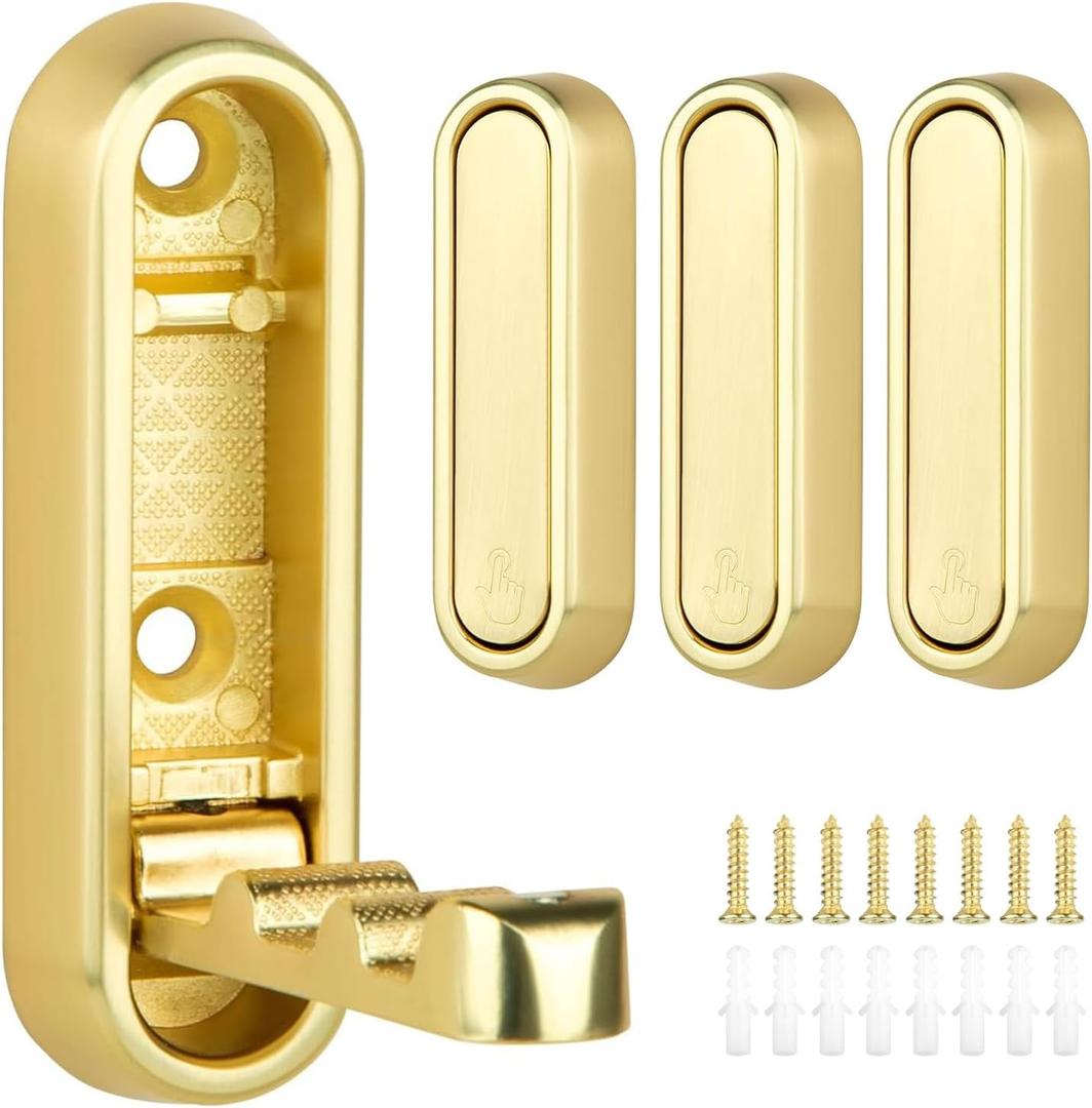 4PCS Metal Foldable Wall Hooks,Folding Wall Foldable Coat Hooks for Hanging Towels Clothes Hat Bags Keys(Gold)