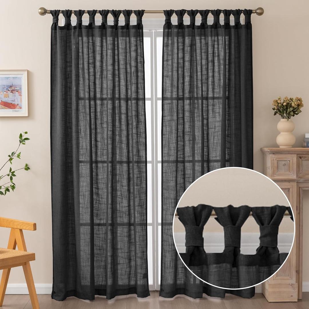 Black Linen Curtain 2 Panels, Semi Sheer Inverted Pleat Curtain Panels with Twist Tabs for Bedroom, Living Room and Dining Room, W52 x L84 inches, Black