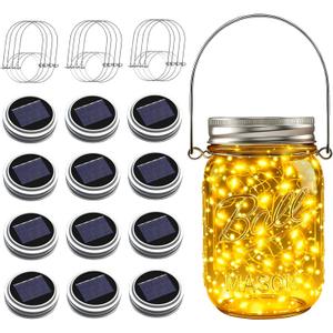 Mason Jar Solar Lights for Outside, 12 Pack 30 LED Fairy Firefly Lights Mason Jar Solar Lids Outdoor Waterproof String Lights with Hangers(NO JARS) for Patio Garden Yard Lawn Decor - Warm White