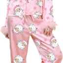 Women Christmas Pajama Sets Long Sleeve Button Down Fur Trim Shirt Matching Pants 2 Piece Lounge Set Sleepwear (X-Large, Pink)