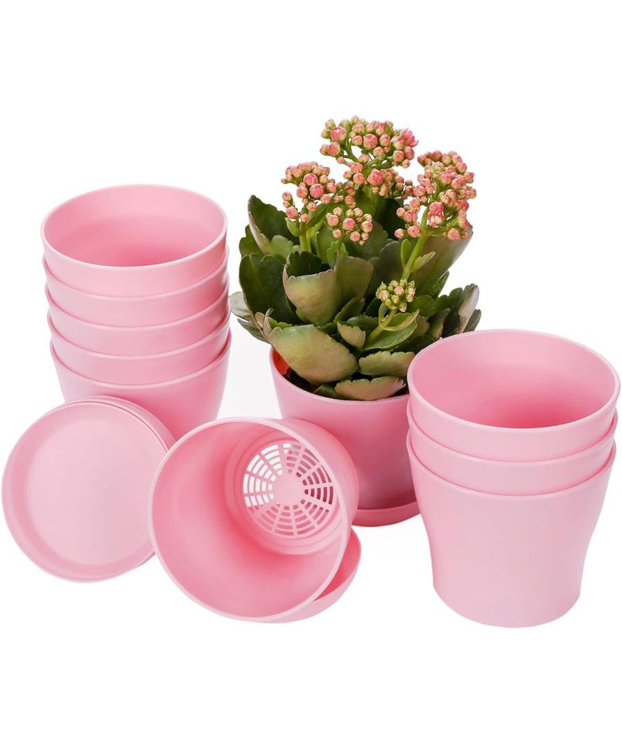 17 Pcs Plastic Planters Indoor Flower Plant Pots, Mini Flower Seedlings Nursery Pot/Planter/Flower Pot with Pallet, Modern Decorative Gardening Containers (Pink)