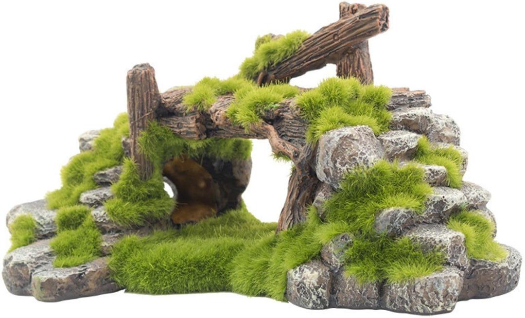 Saim Aquarium Cave Decor, Mossy Hollow Rock Hideout for Betta Fish & Shrimp - Natural Ruins Stone with Hole, Small Fish Hideaway Tank Ornaments