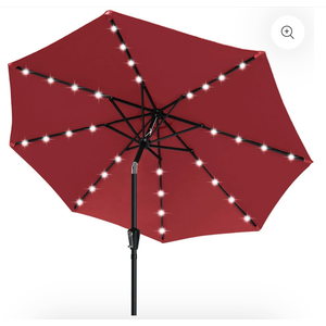 JEAREY 9FT Outdoor Patio Umbrella with Solar Lights, LED Lighted Pool Umbrella with Tilt and Crank, Outdoor Table Umbrellas for Deck, Yard & Market (Burgundy)