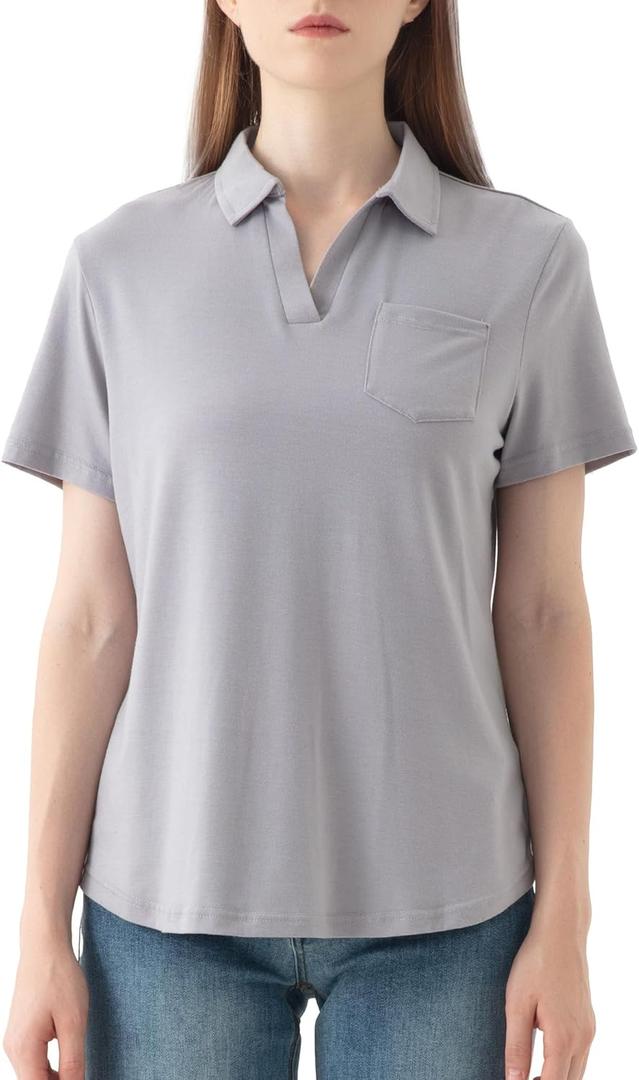 Women's V-Neck Ruffle Design Polo Shirts Short Sleeve Collared Loose Casual Tunic Blouses with Pocket (XXL)