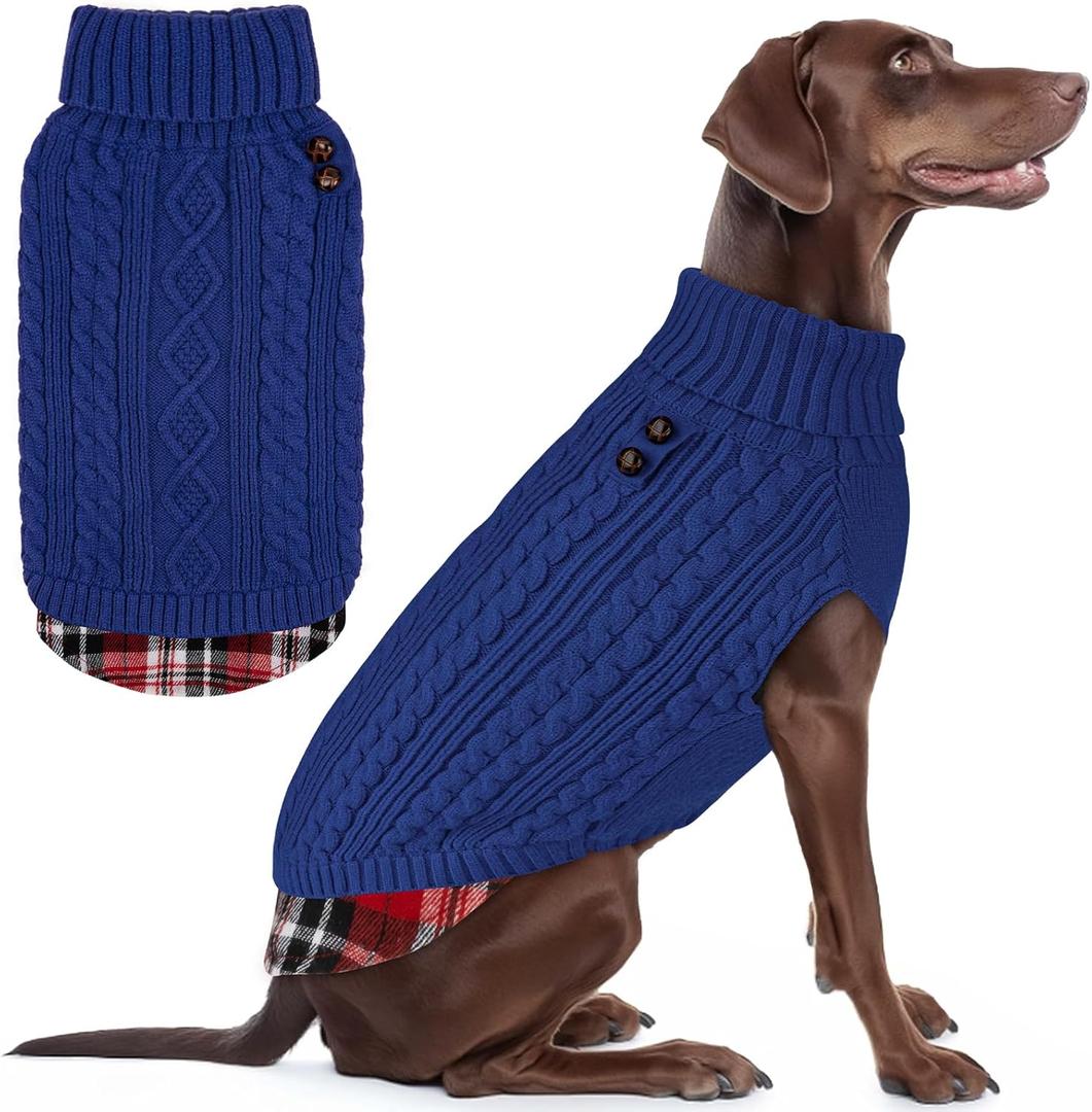 KYEESE Dog Sweater Warm Turtleneck Large Dogs Sweater with Gingham Patchwork Comfy Pet Coat for Fall Winter Cold Weather Soft Pullover Dog Sweaters for Large Dogs (3XL60-80lbs, 6# Blue)