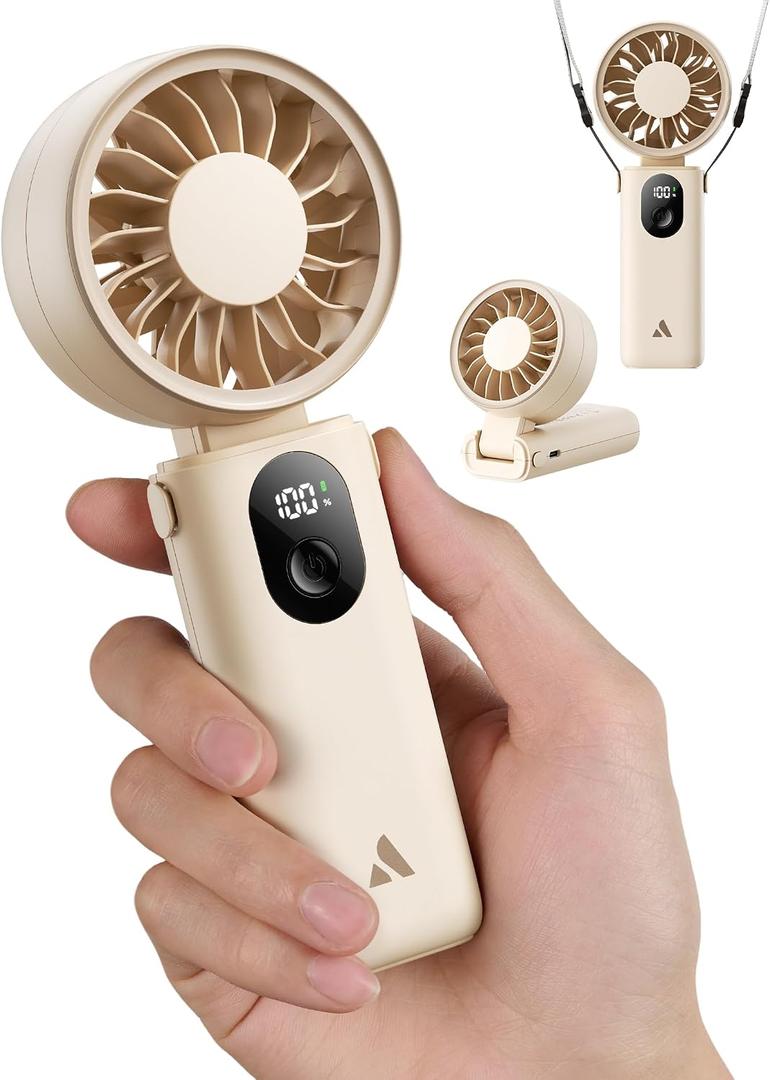 Aecooly Mighty Portable Handheld Fan | 20H Max Cooling Time | 3 Flexible Modes | 5 Speeds Wind | Battery Level Display | USB Rechargeable Mini Personal Battery Powered, Gifts for Women, Travel -Beige, 6.85 x 2.8 x 1.48 inches