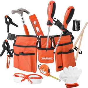 Hi-Spec 16pc Orange Kids Tool Kit Set & Child Size Tool Belt. Real Kit for DIY Building, Woodwork & Construction Learning for Kids
