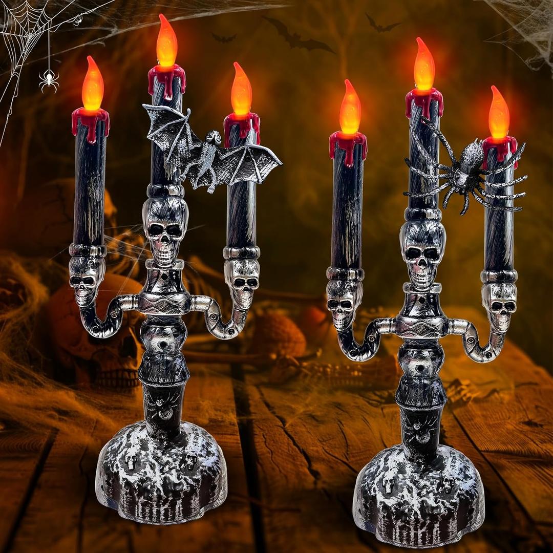 TURNMEON 2 Pack Halloween Candles LED Candelabra,Halloween Decorations 3-Candles Flickering Lamp Light Up Battery Operated Candles Holder Flame Less Bat Spider Decor Indoor Table Home Party