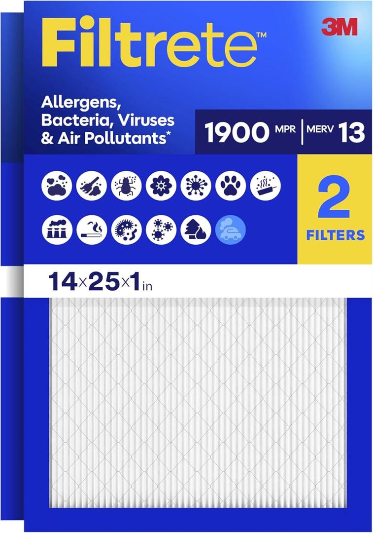 Filtrete 14x25x1 Air Filter, MERV 13 MPR 1900, Allergens, Bacteria, Viruses & Air Pollutants, 3-Month AC/Furnace Filters, Cleaner Air Reliable Airflow, 2 HVAC Filters(Act Size 13.62x24.62x0.78 in)