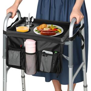 Walker Tray for Folding Walker, Trays for Walkers for Seniors Detachable with Cup Holder,Walker Trays for Rolling Folding Walker,Walker Accessories for Elderly (Black with Baffles)