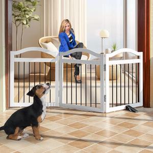ZJSF Freestanding Foldable Dog Gate Indoor, Pet Gate for Doorways, Dog Fence for The House, Sturdy Wood Puppy Gate for Stairs, White Pet Gate with Support Feet for Hallways, 24 "Height-3 Panels