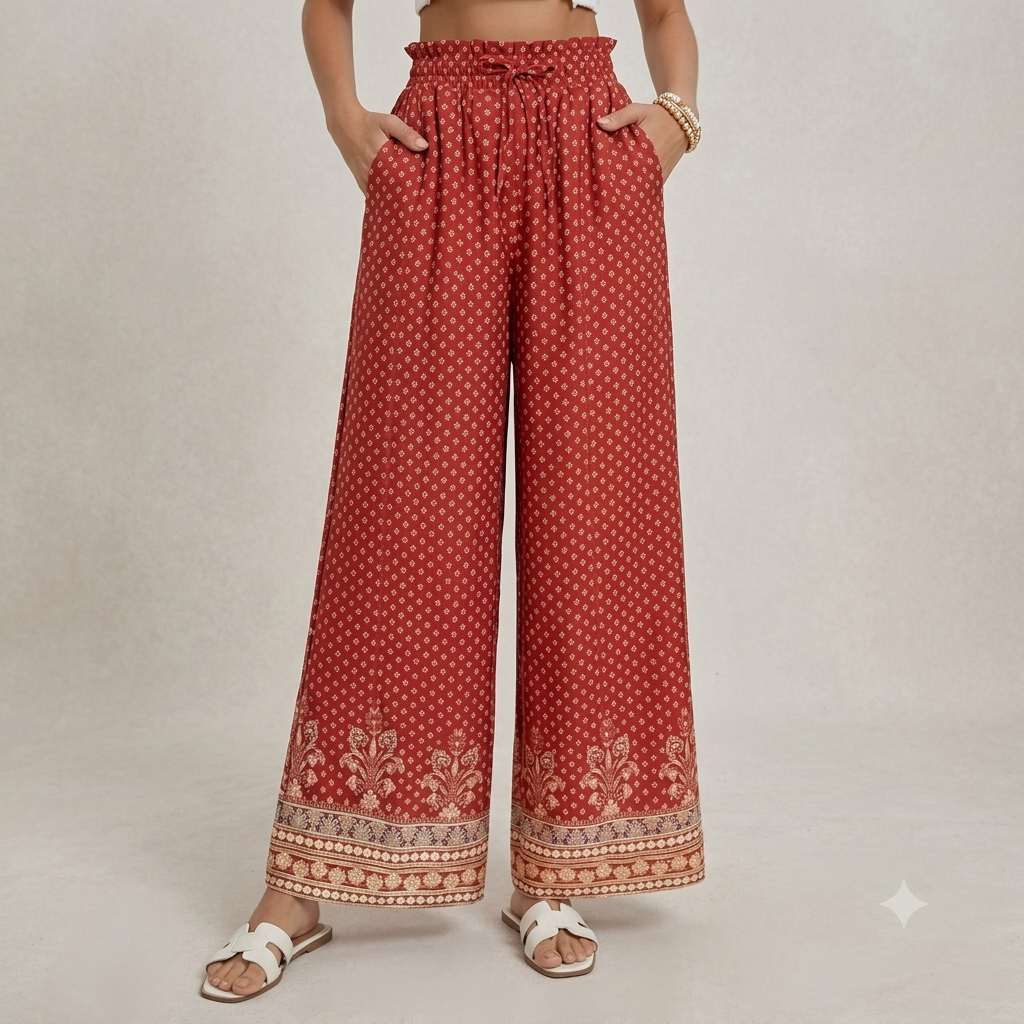 GRACE KARIN Wide Leg Pants Women 2026 Trendy High Elastic Waisted Flowy Pants Trousers with Pockets Casual Cruise Vacation Clothing Red Bohemian M