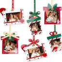 UNIQOOO 2025 Decorative Xmas Gift Acrylic Picture Frame Ornaments for Picture Display, 6Pcs Ribbon Bow Festive Hanging Decoration, Double-Sided Photo Frames for Christmas Tree Decor