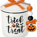 Nefelibata Trick or Treat Ceramic Canister Holiday Candy Bowl Tiered Tray Decor Candy Holder with Buffalo Plaid Bowknot Pumpkin Wood Beads Home Table Centerpiece Decoration Supplies Gift Idea