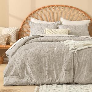 Litanika King Size Comforter Set Oatmeal, 3 Piece Khaki Boho Tufted Bedding, Beige Fluffy Farmhouse Bed Set for All Season with 2 Leaf Pattern Pillowcases104x90In