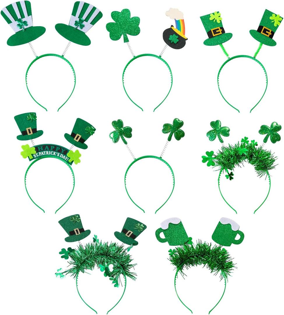 8Pcs St. Patrick's Day Headbands, Green Shamrock Clover Hats Headband Boppers, Saint Patricks Day Irish Headwear Costume Accessories Top Hat Head Band Bopper Party Favors for Women Men