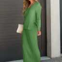 ANRABESS Women's 2 Piece Outfits Sweater Skirt Sets Casual Long Sleeve V Neck Ribbed Knit Tops Midi Dress 2025 Fall Fashion (Green, M)