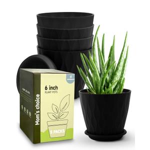 6 Inch Indoor Planter Pots with Drainage Hole and Tray Saucer,Flower Pots for Indoor Outdoor Garden Plants and Flowers, Multicolor, 4 Packs (Black)