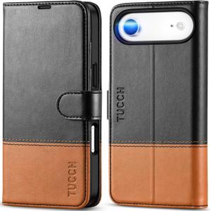 TUCCH Wallet Case for iPhone Air (6.5") 2025, RFID Blocking 4 Card Slots, Kickstand, Shockproof TPU Shell, PU Leather, Magnetic Closure, Protective Flip Folio Cover, Black & Brown