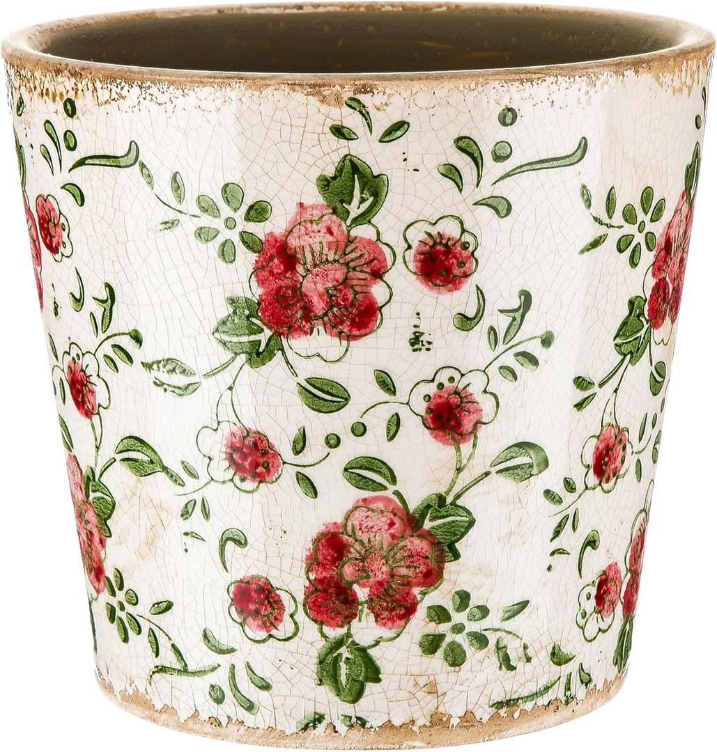 Farmhouse Ceramic Planter 5.5 Inch Large Plants Pot Crack Beige Red Rose Flowers Plant Pots with Drainage Hole Indoor Plants Kitchen Rustic Antique Decor Gift