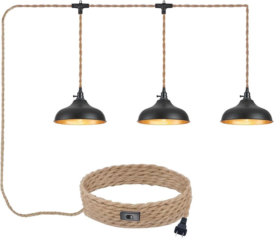 3 Light Plug in Pendant Lights Dome Hanging Lamp with Switch 22 Ft Long Hemp Rope Farmhouse Pndant Light Cord Lighting Fixture DIY Hanging Light
