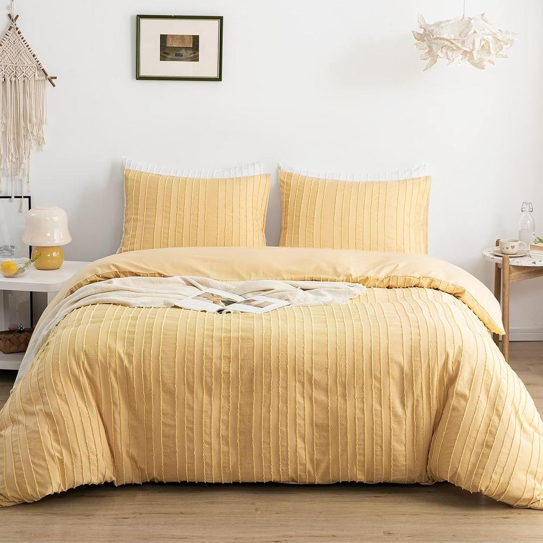 WARMDERN Yellow Boho Duvet Cover Set Queen Size, Striped Textured Duvet Cover Tufted Bedding Set, 3 Pcs Ultra Soft Washed Microfiber Duvet Cover with Zipper Closure (Queen, Yellow)