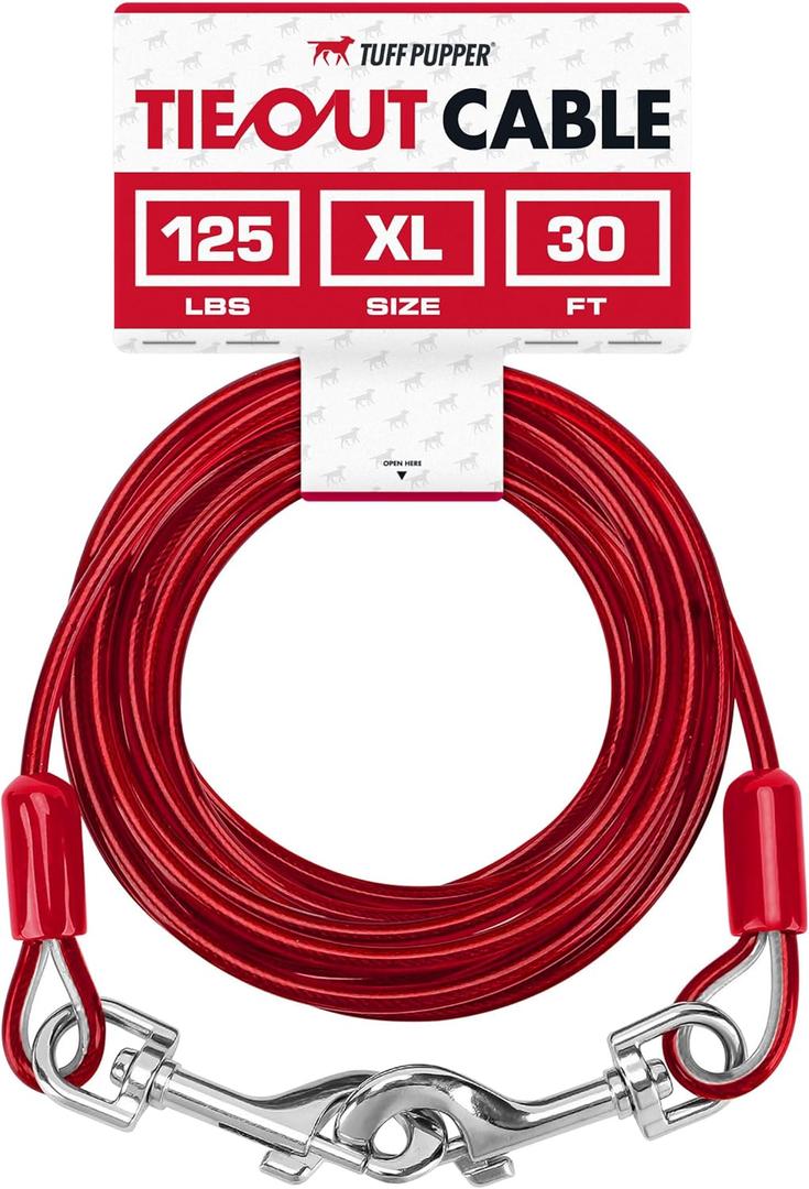 Tuff Pupper Dog Tie Out Cable 30 Feet | Dog Runner Cable for Yard 30 ft | Heavy Duty Lead | Water & Rust Resistant Industrial Strength Steel | 360 Degree No Tangle Swivel Clips