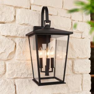 Kalium Modern Outdoor Wall Sconce Fixture 20 1/2", Matte Black, 3-Light Exterior Wall Mount Lighting with Clear Glass Panels for House Porch Patio Outside Deck Garage Yard Front Door Garden Home, 9.75*10.5*20.25 in