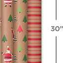Hallmark Christmas Wrapping Paper Rolls, Brown Kraft Holiday Gift Wrap (Pack of 3: 90 sq. ft. ttl) Kraft with Santas, Trees, Stripes, 3 Count