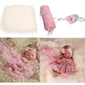 HelloCreate 3pcs Baby Photography Set, Baby Photo Props Fluffy Blanket + Wrap + Headband Set Newborn Photography Wrap Mat