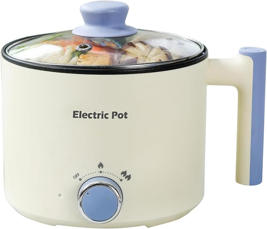 Electric Hot Pot:1.5 L Ramen Cooker, Dual Power Mini Portable Multi-Functional Lazy Pot for Pasta, Noodles, Egg, Soup, Non-Stick Noodle Cooker with Boil Dry Protection for Dorm, Office (Beige)
